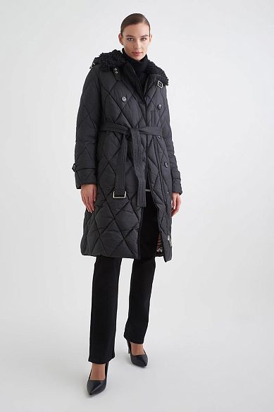 MAYORGO Длинное пальто с воротником из эко-меха 